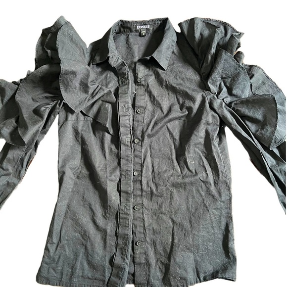 EXPRESS BLACK BUTTON UP BLOUSE WITH RUFFLE/PUFF SHOULDERS AND BELL SLEEVES XS - Picture 3 of 6